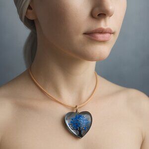 Heart-Shaped Silver Blue Floral Pendant Necklace 18" Beige Cord Fashion Jewelry